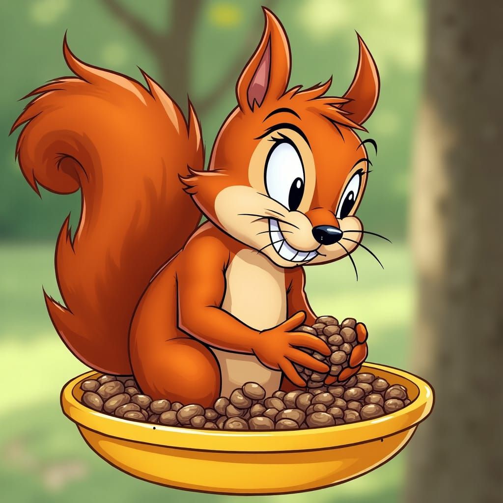 Cartoon Squirrel Stealing Bird Food