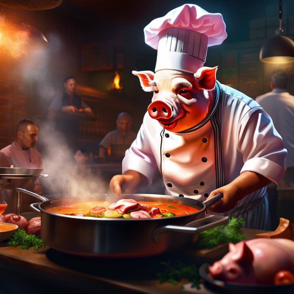 Pig Chef Cooking Stew: Hyperrealistic Restaurant Scene