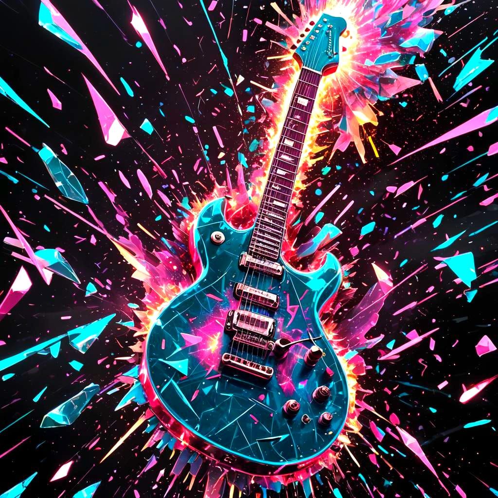 Teal Guitar Explosion with Neon Flames