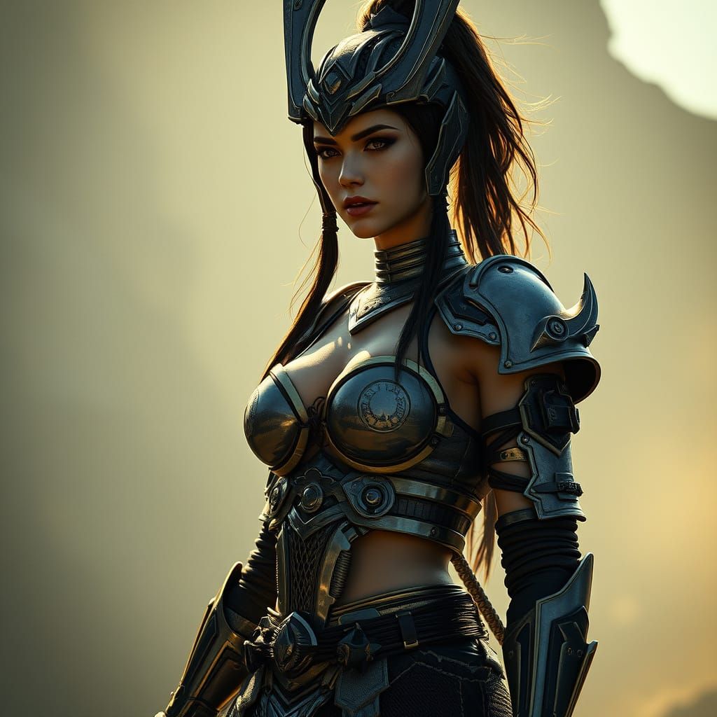 Female Samurai with Cybernetic Enhancements in Film Noir