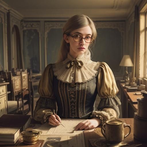 Melancholy Woman at Desk in Wes Anderson Style