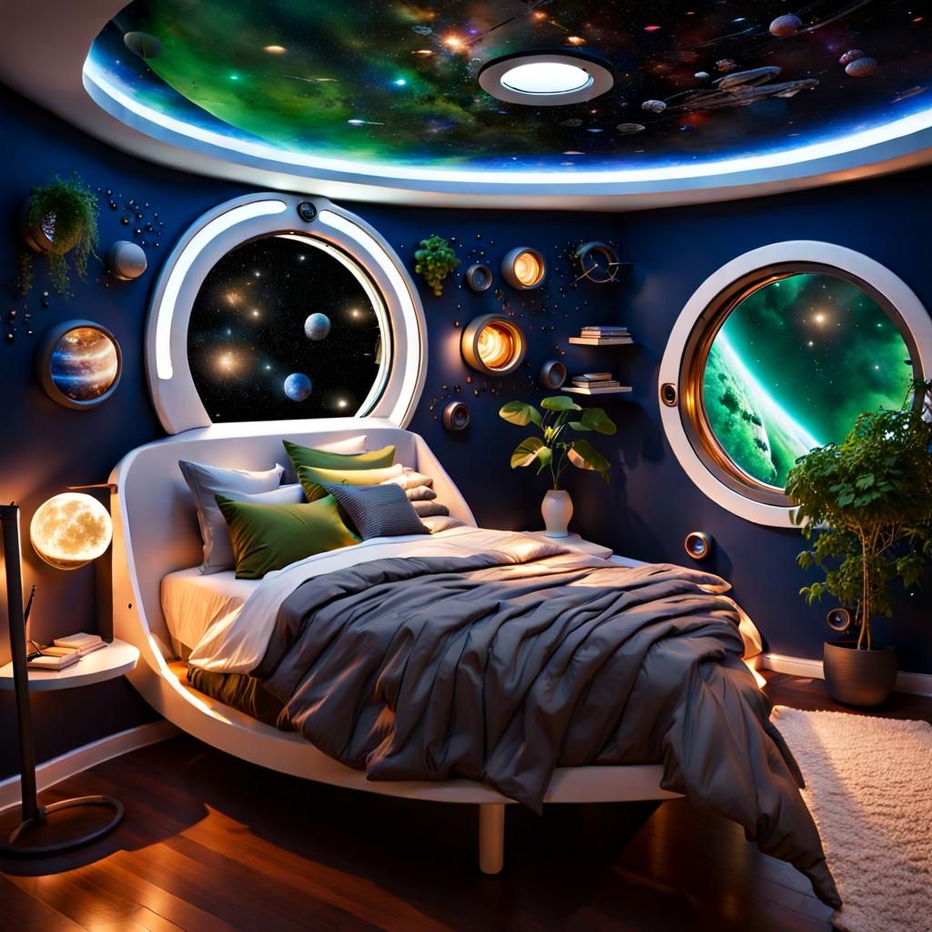 Cozy Sci-Fi Spaceship Bedroom with Starry View