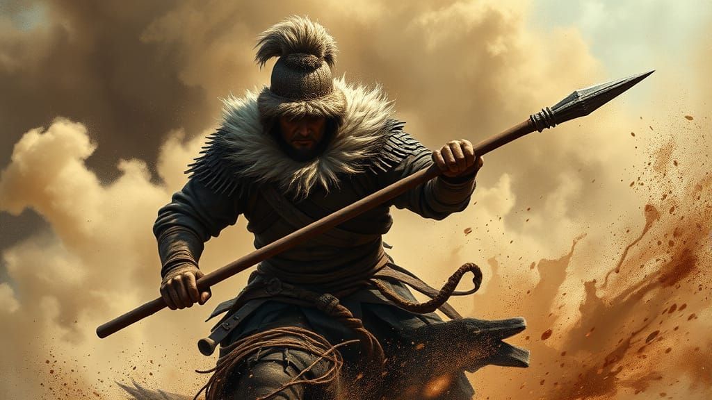 Fearsome Mongol Warrior in Dynamic Combat