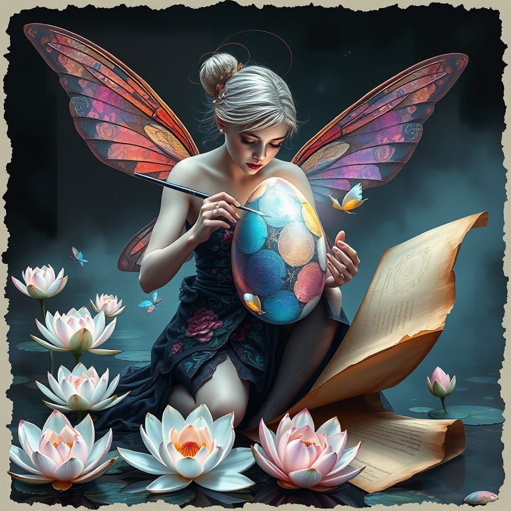 Whimsical Fairy Paints Shimmering Easter Egg Amidst Water Li...
