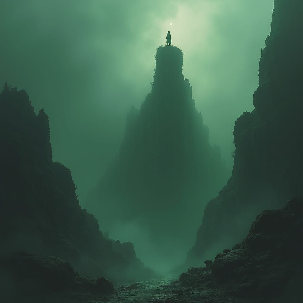 Shrouded Figure on Cyclopean Monument in a Realm of Existent...