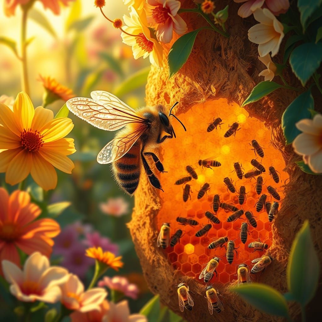 Sunlit Bee in Vibrant Floral Landscape