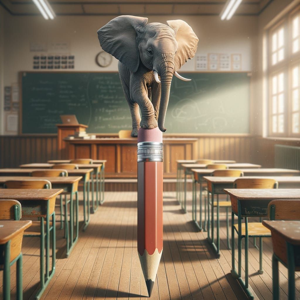 Elephant Balancing on Pencil in Classroom