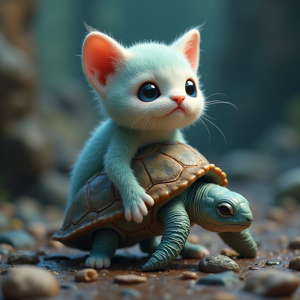 Whimsical Kitten-Turtle Hybrid in a Fantastical Environment