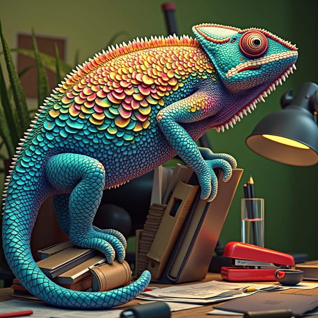 Vibrant Chameleon in Anime-Inspired Office Chaos