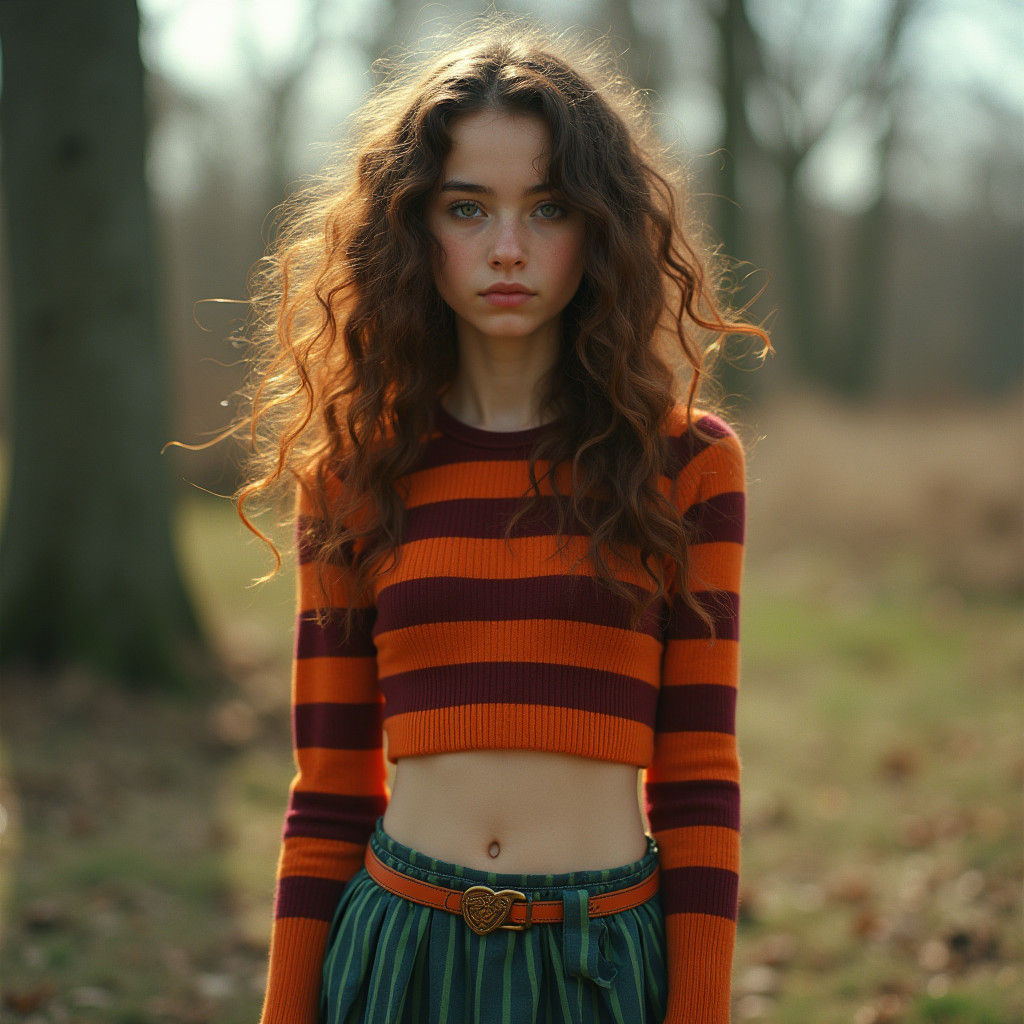 Teenage Girl in Striped Outfit: Cinematic Film Still