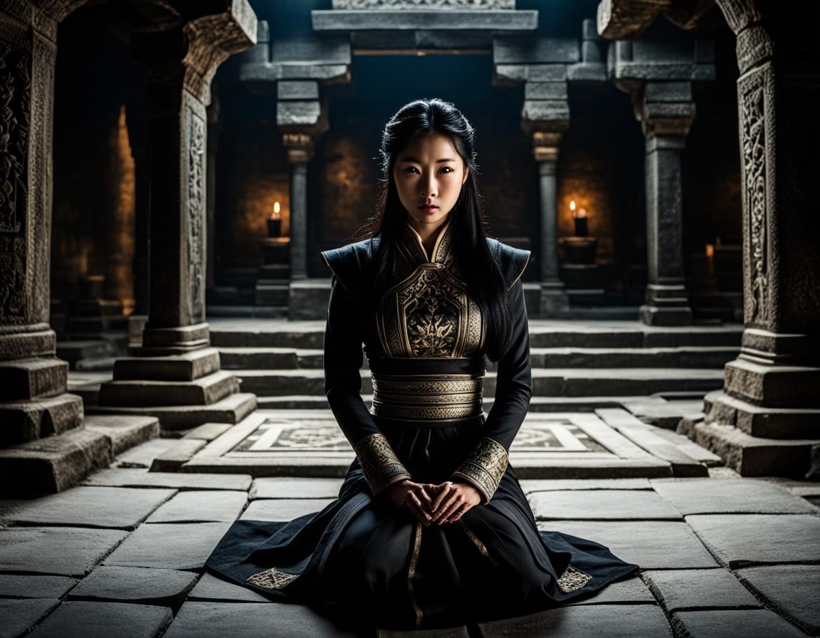 Hyperrealistic Asian Woman in Stone Dungeon