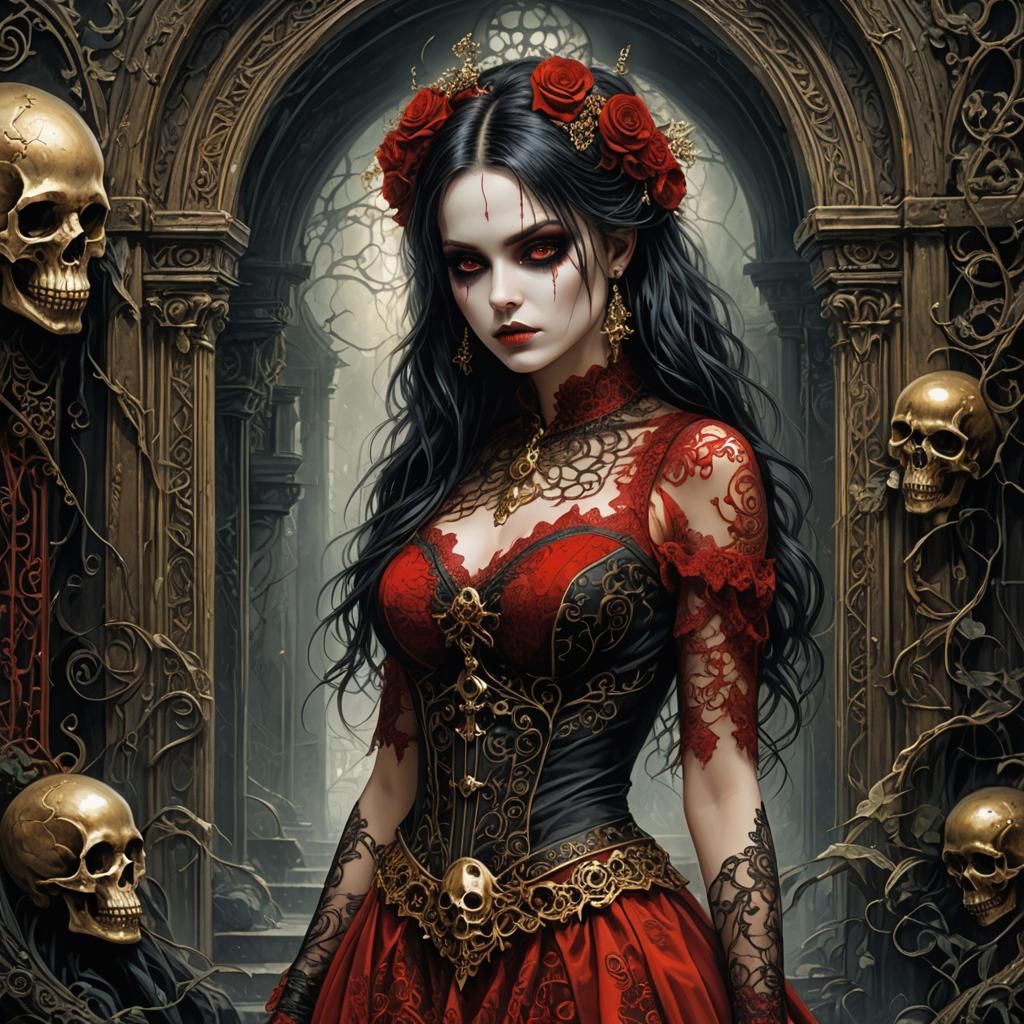 Gothic Emo Punk Girl in Red Lace Dress