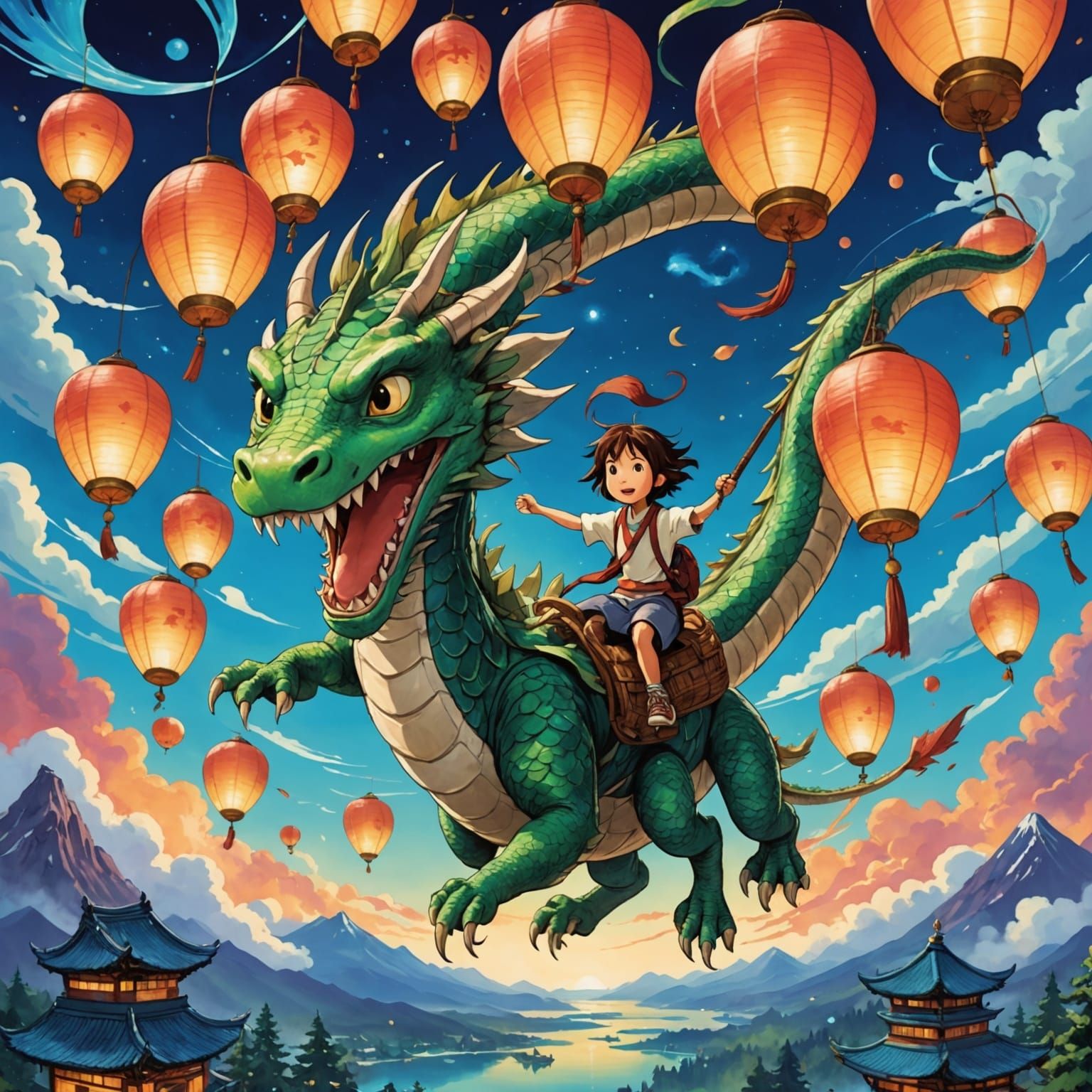 Spirited Away Poster: Chihiro & Haku Soar Amidst Bioluminesc...