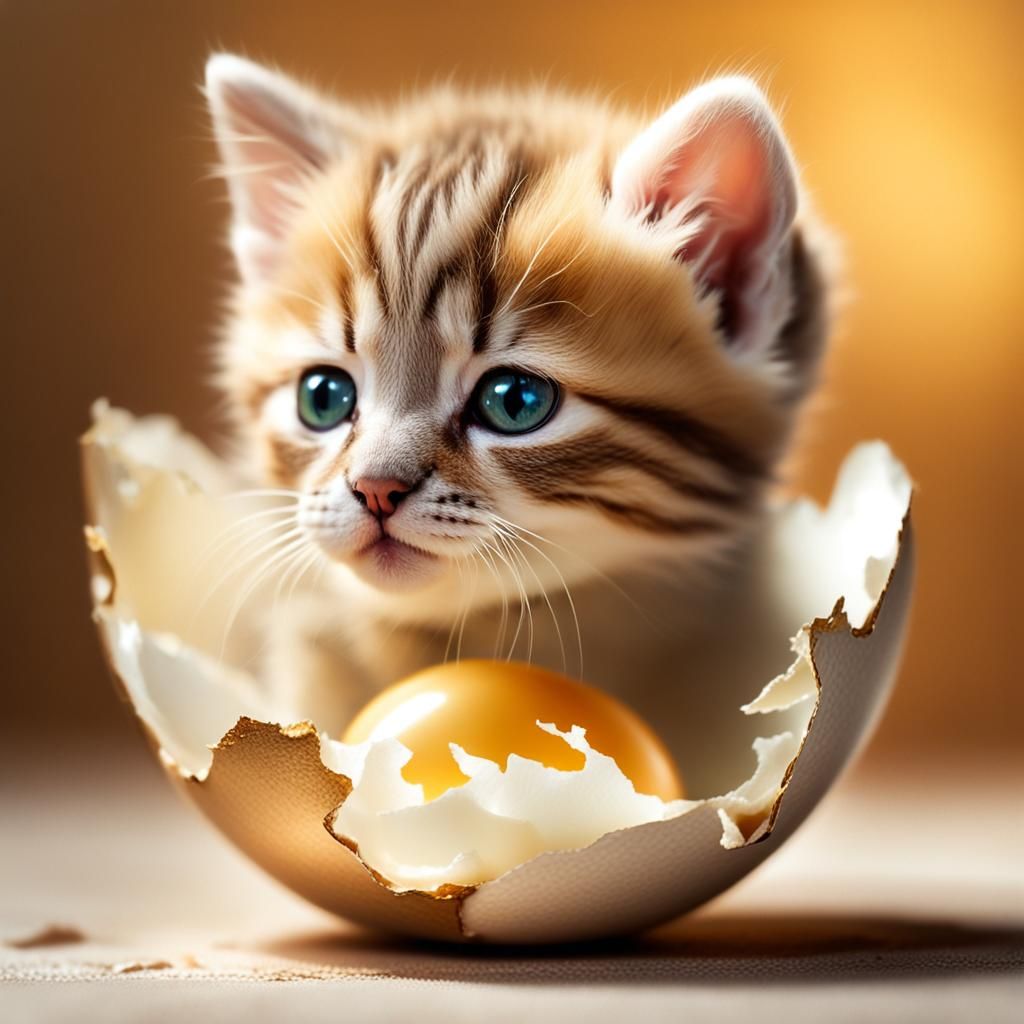 Kitten Emerges from Eggshell in Fauvist Style