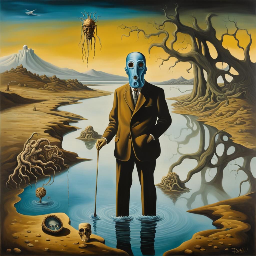 Surreal River of Time with Masked Figure