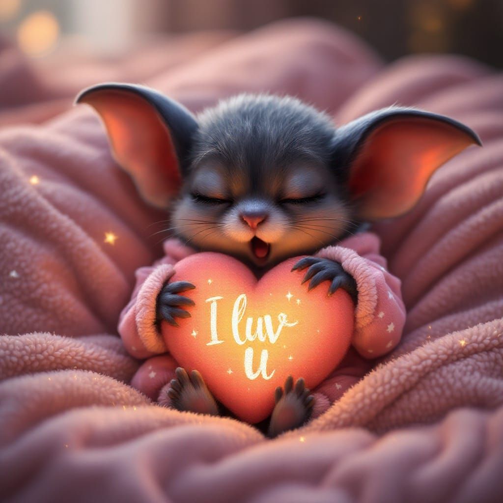 Whimsical Bat Snuggles in Pastel Pajamas with Glowing Heart