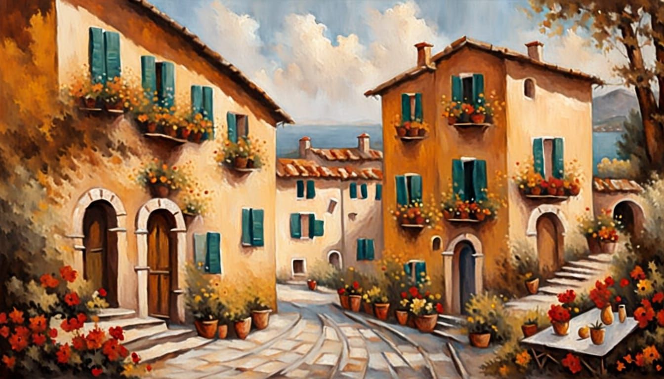 Picturesque Italian Village Oil Painting
