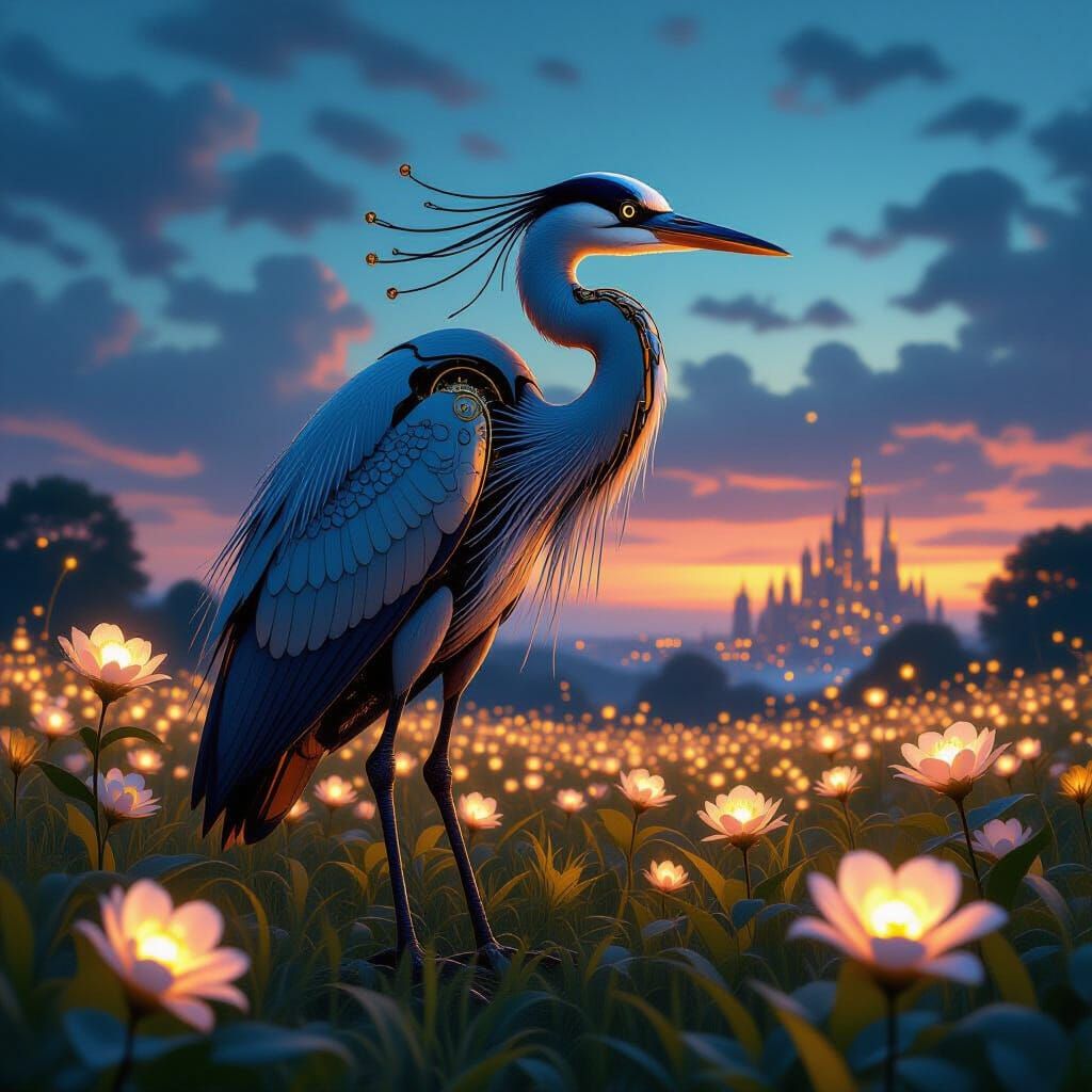Majestic Clockwork Heron in Bioluminescent Field