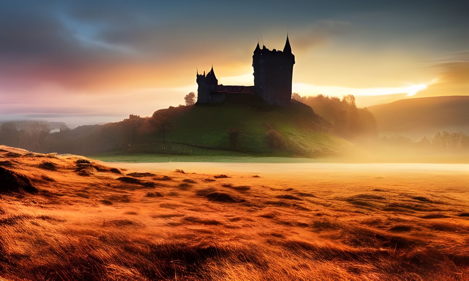 Scottish Highlands Misty Sunrise Concept Art