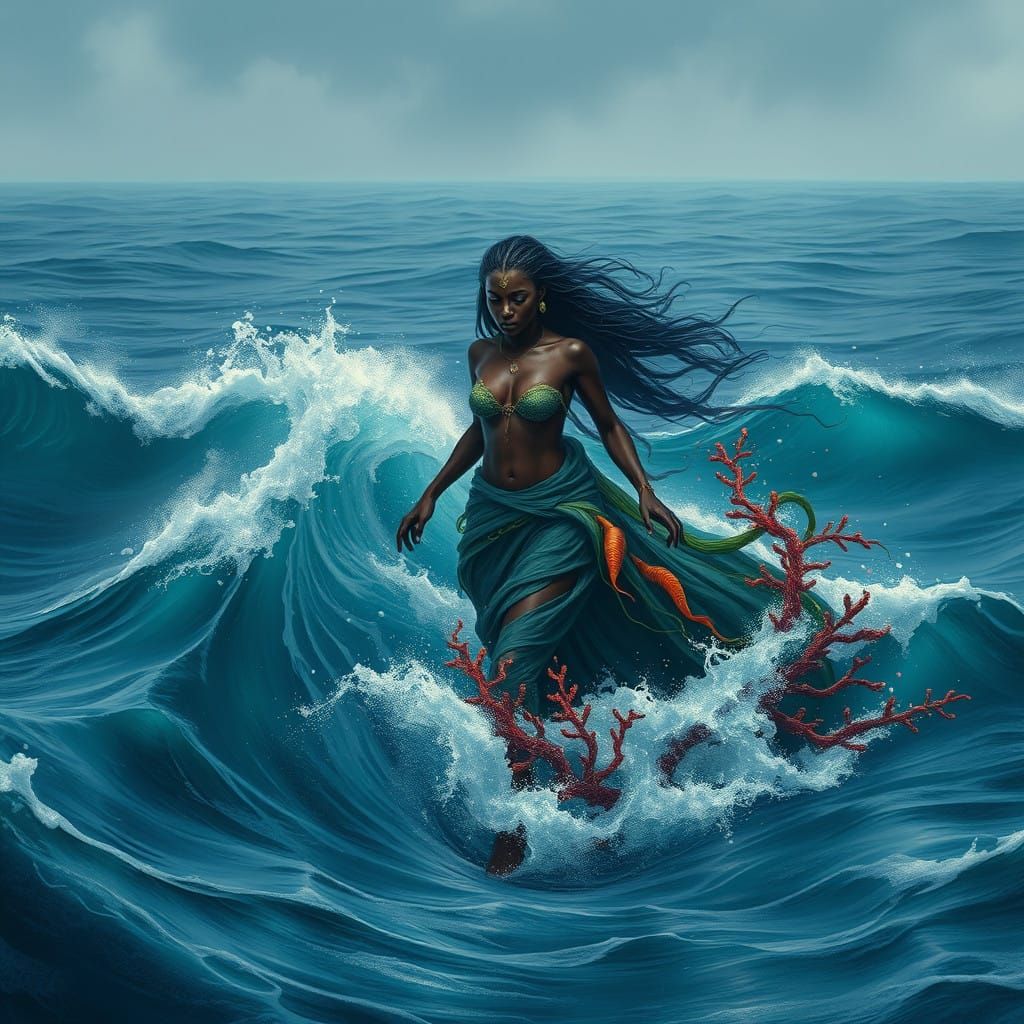 Powerful Goddess Serenely Walking on Ocean Waves