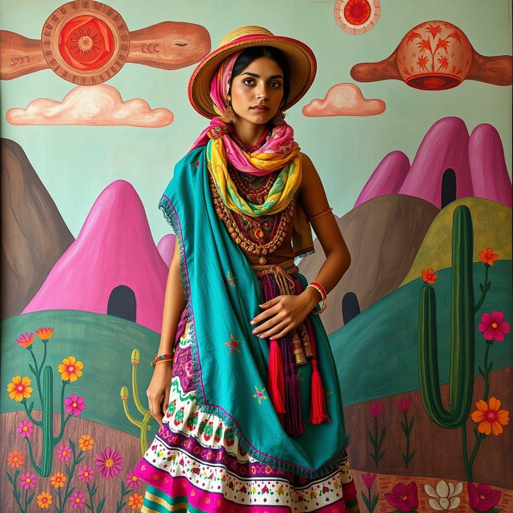 Free-Spirited Romani Woman in Whimsical Bohemian Landscape