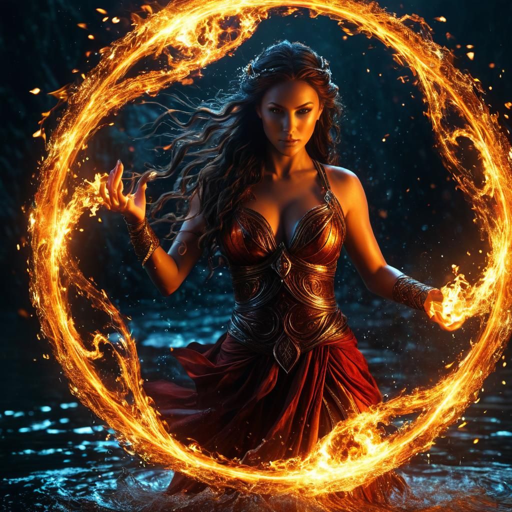 Epic Fire and Water Sorceress with Swirling Magic