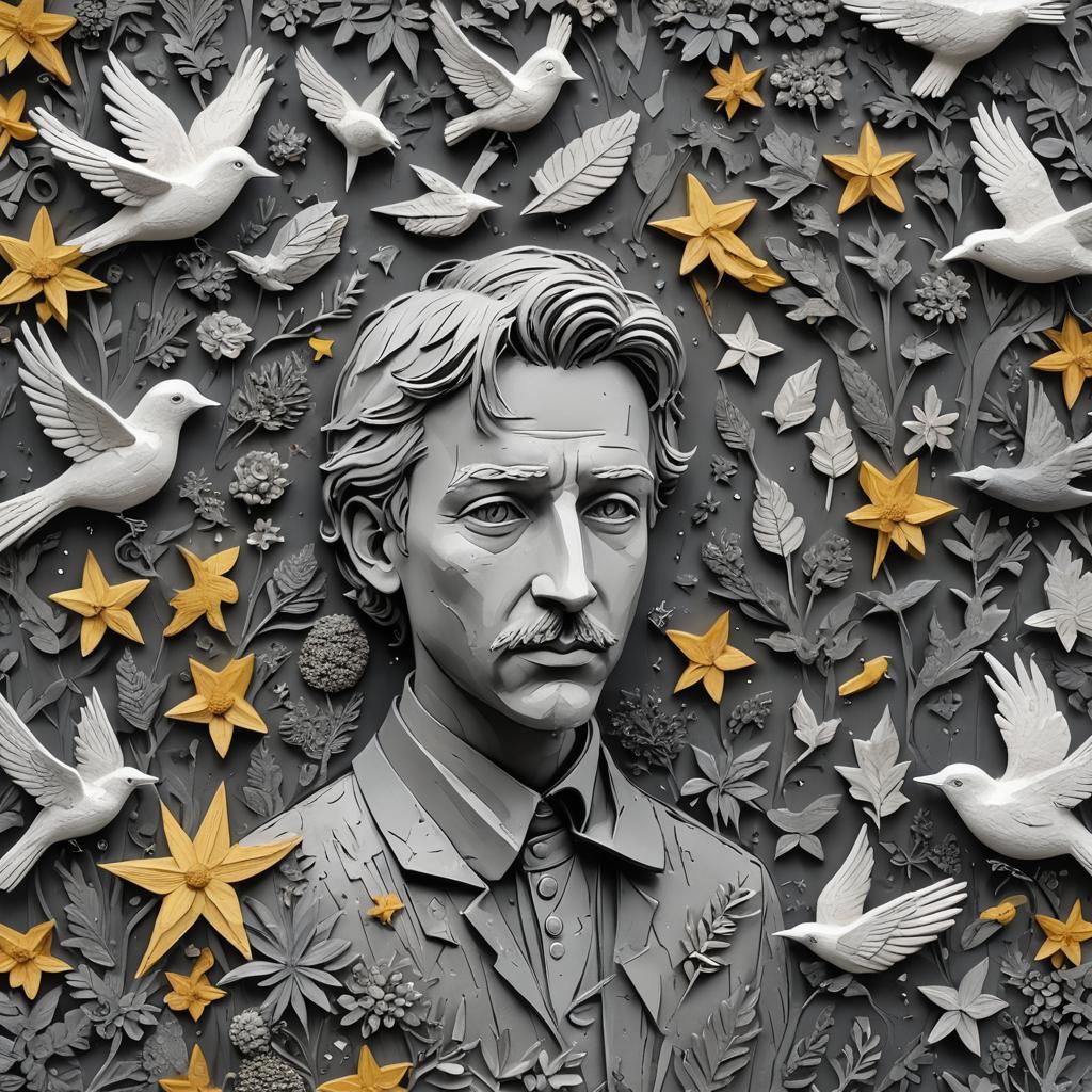 Colorful Bird Sculpture Amongst Gray Flowers, Hyperrealistic...