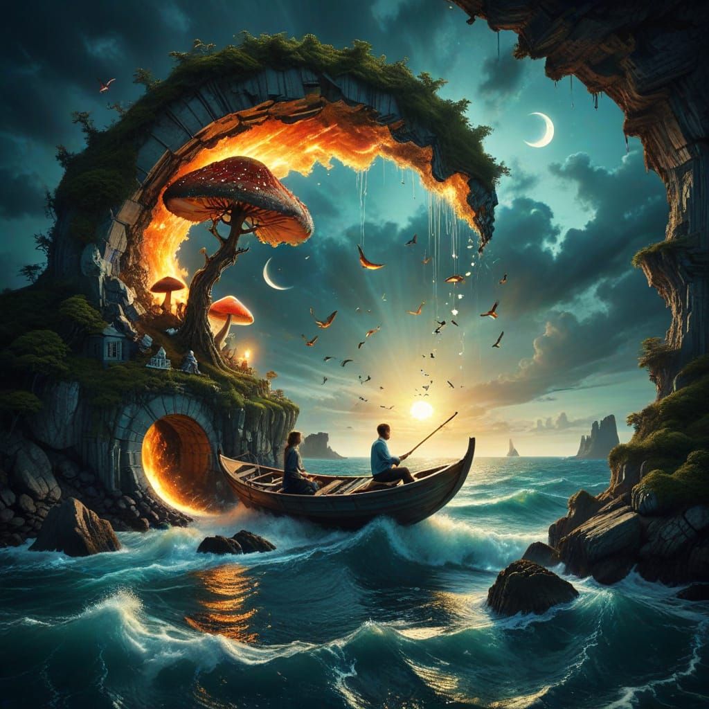 Mystical Surreal Scene with Twisted Bonsai and Lighthouses