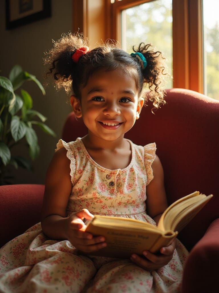 Cozy Girl in Sunlit Reading Nook
