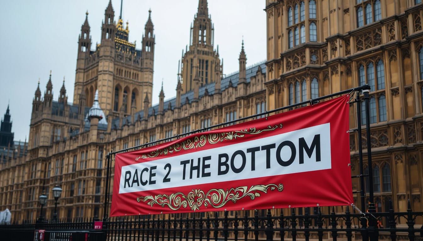 Race to the Bottom Banner on Houses of Parliament