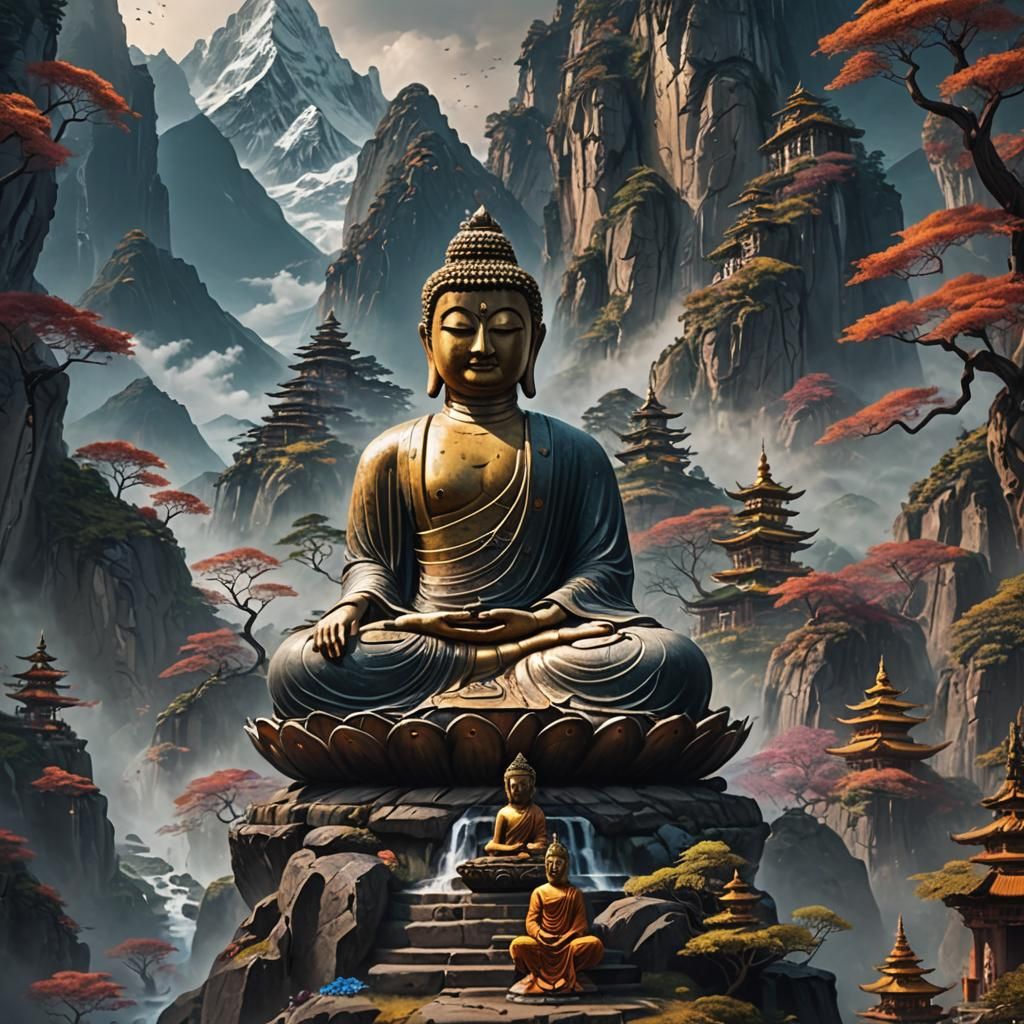 Spiritual Buddha Meditates in Mountain Landscape
