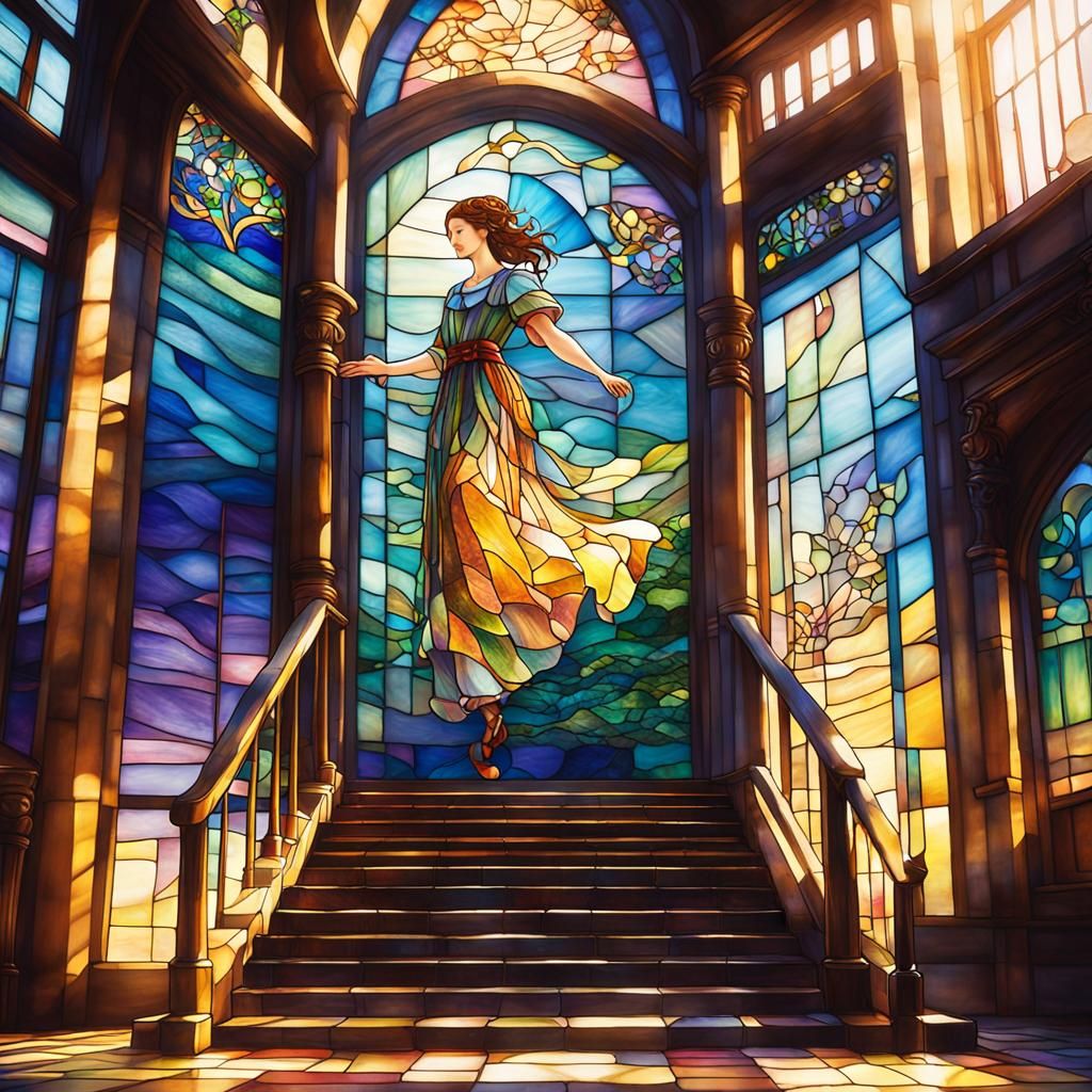 Stained Glass Descent in Art Nouveau Style