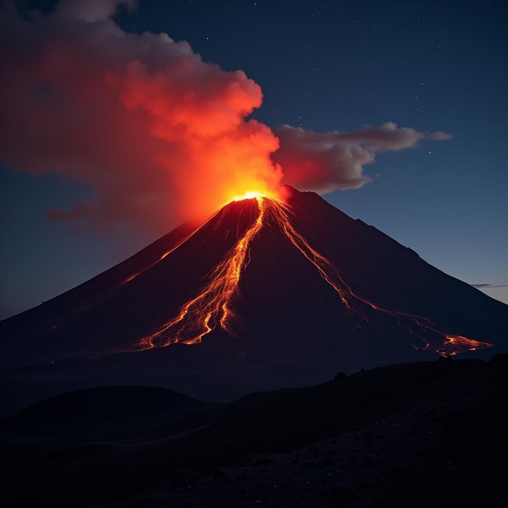 Majestic Volcano at Night with Flowing Lava