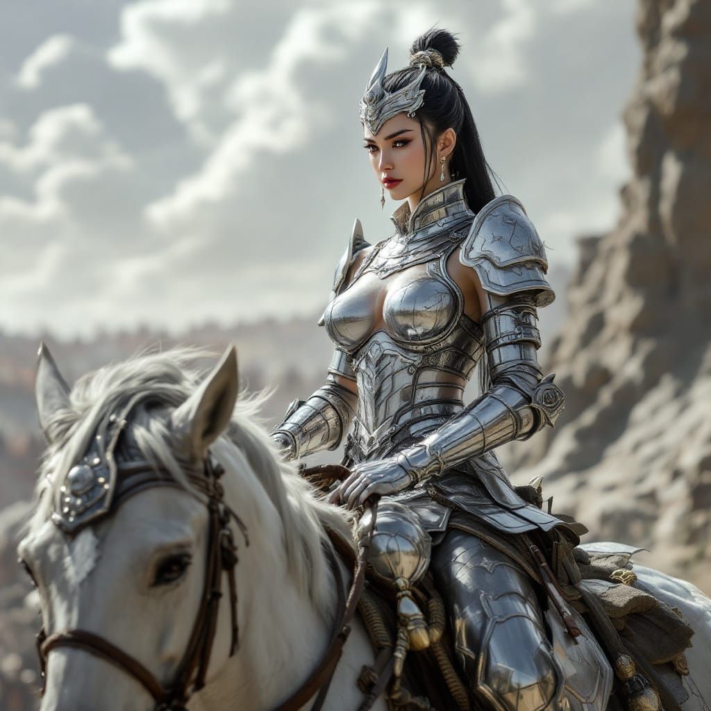 Chinese Warlord on Horseback in Silver Armor