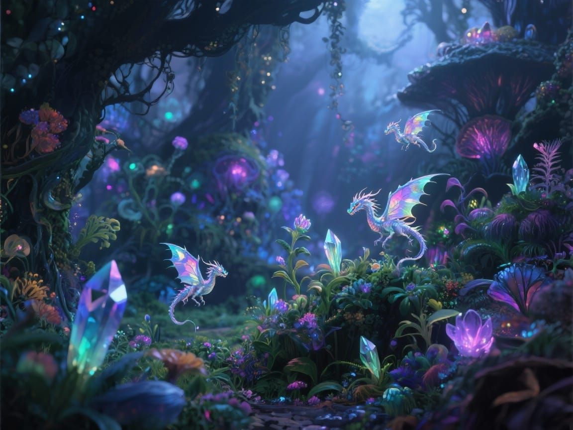 Mystical Garden with Crystal Dragons in Ethereal Twilight