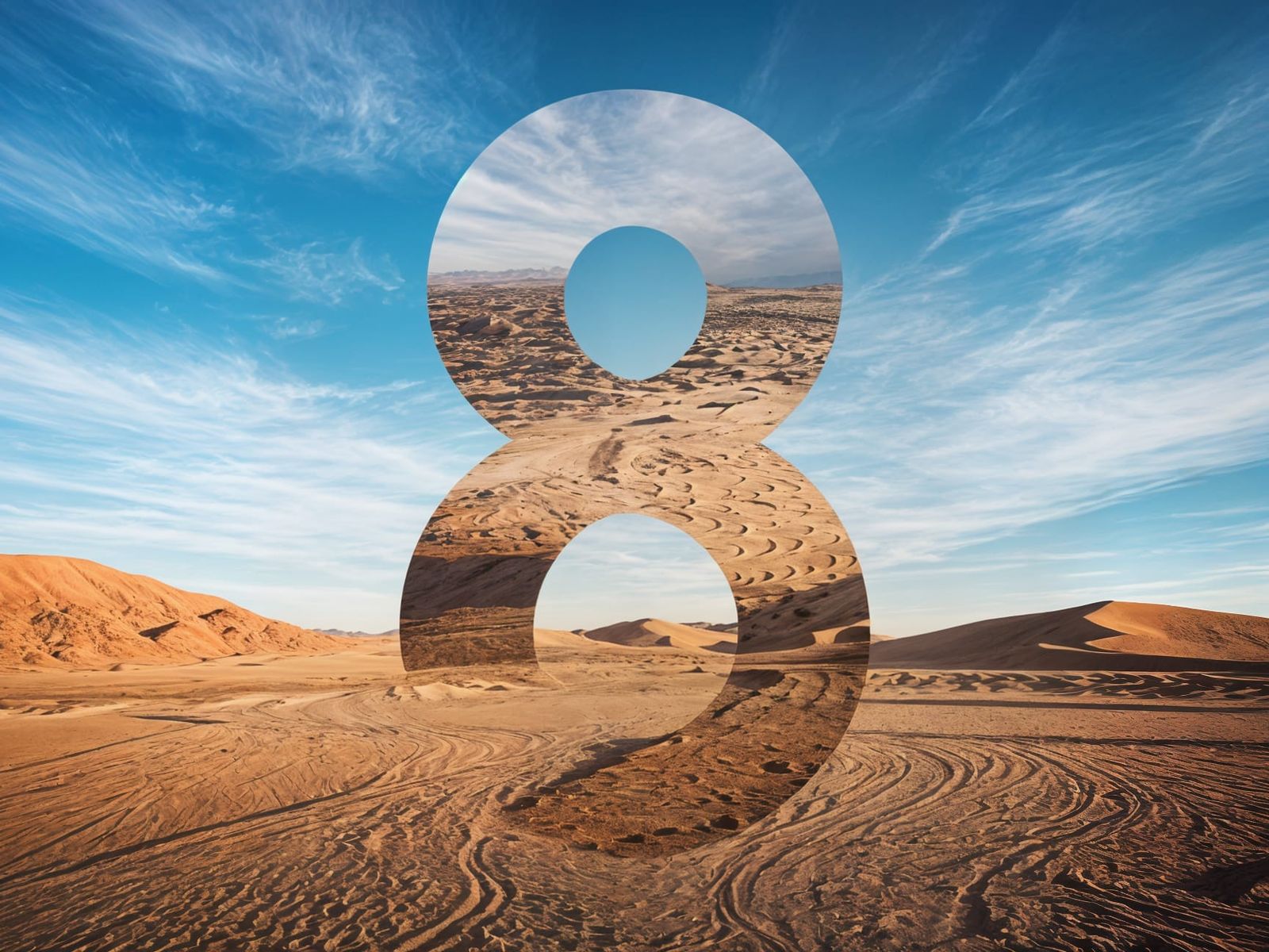 Surreal Desert Landscape with Infinity Symbol and Number 8