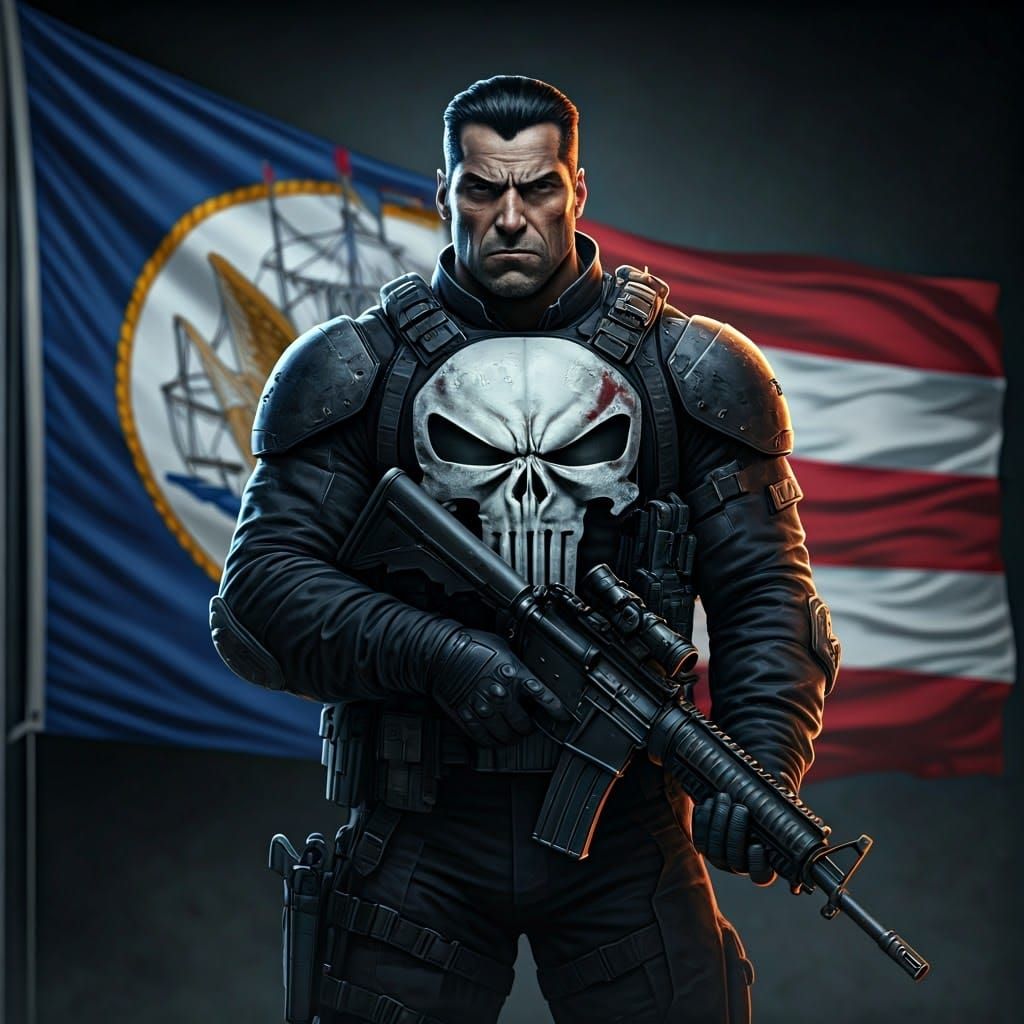 The Punisher: Hyperrealistic Navy Flag Splash Art