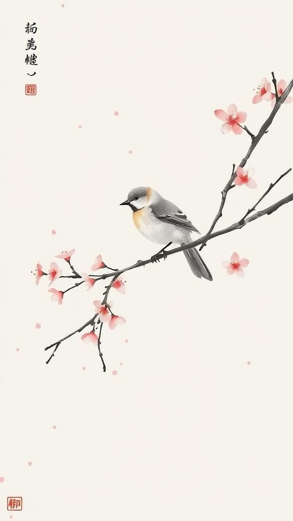 Bird with Cherry Blossoms in Sumi-e Style