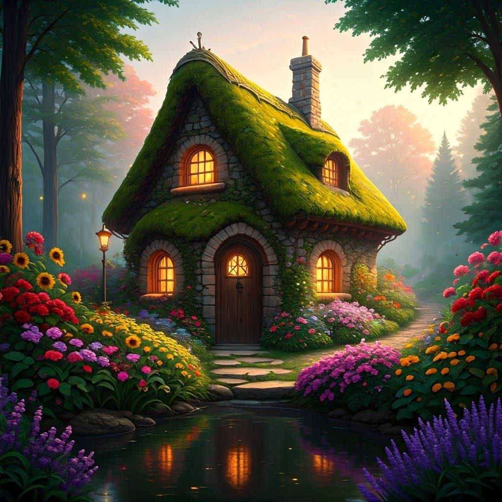 Whimsical Cottage Amidst Vibrant Blooming Garden