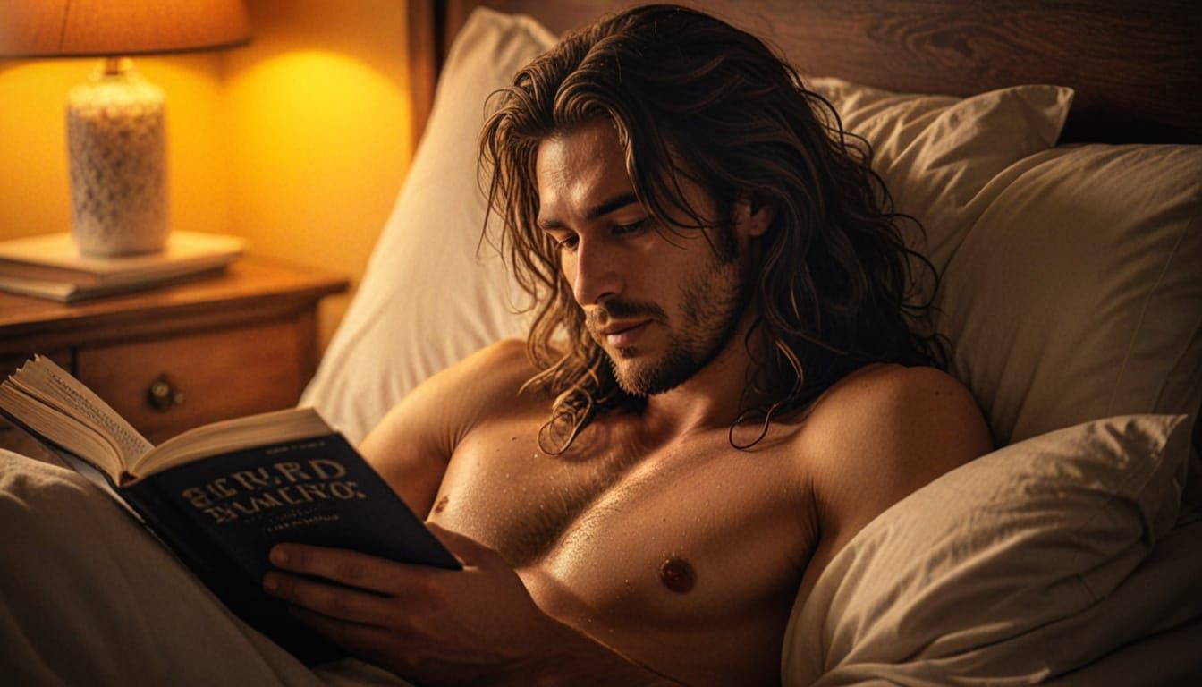 Warmly Lit Shirtless Man Reads in Cozy Bedroom