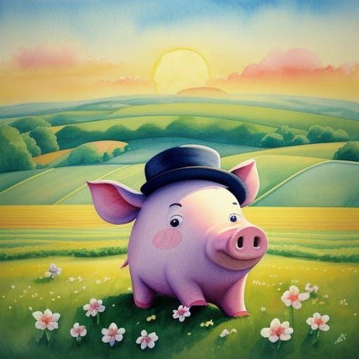 Pigs Wearing Hats in Watercolor Style