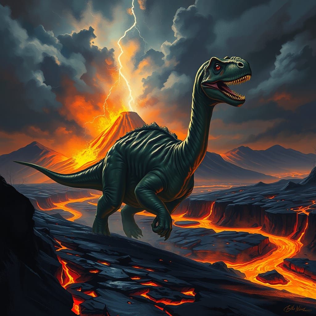Brachiosaurus Running from Volcanic Eruption at Night