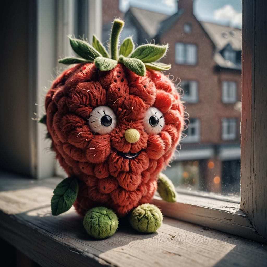 fluffy fuzzy little strawberry plushie with a cute face, sof...