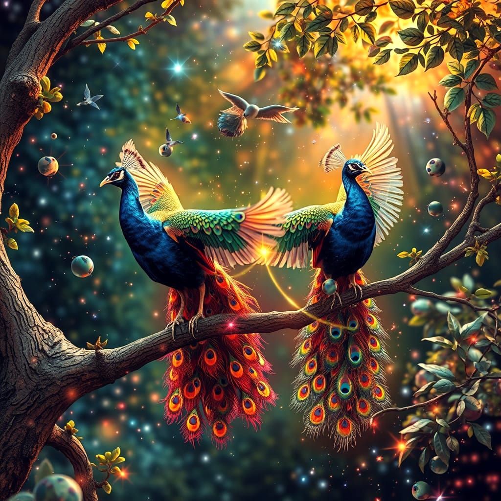 Peacocks Soar in Vibrant Cosmic Harmony