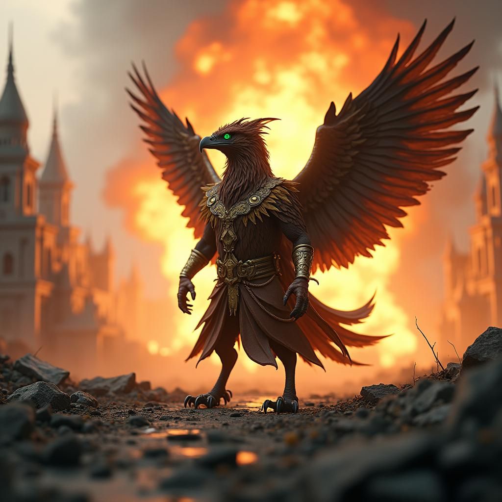 Griffin Walks From Explosion in Ruined Cityscape