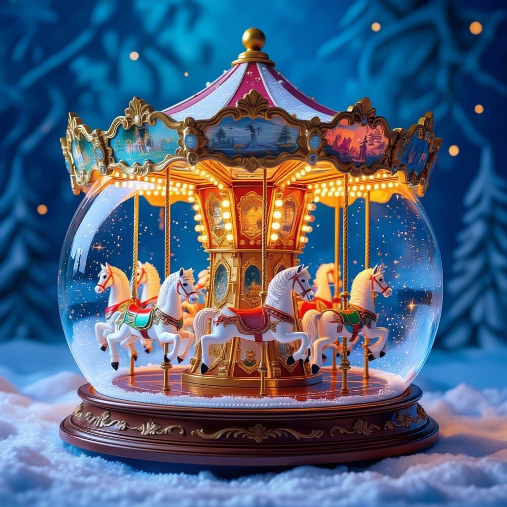 Mythical Carousel Inside Snowglobe, Hyperrealistic Art