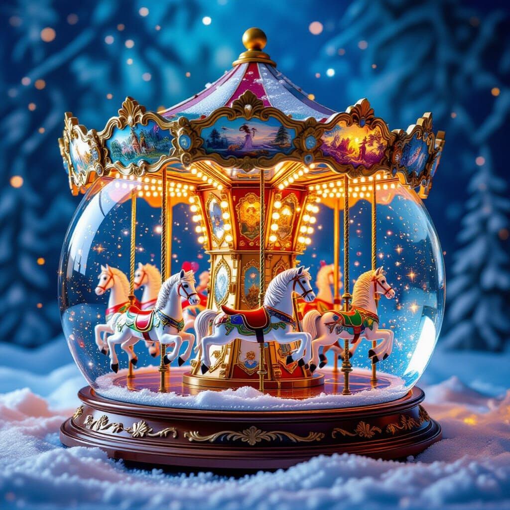 Mythical Carousel Inside Snowglobe, Hyperrealistic Art