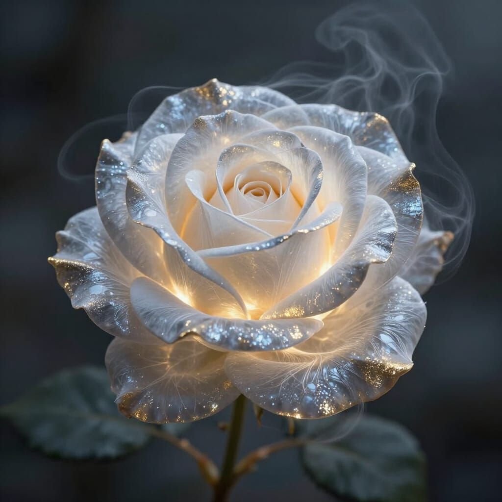 Luminous Silver and Gold Mist Rose in Ethereal Glow