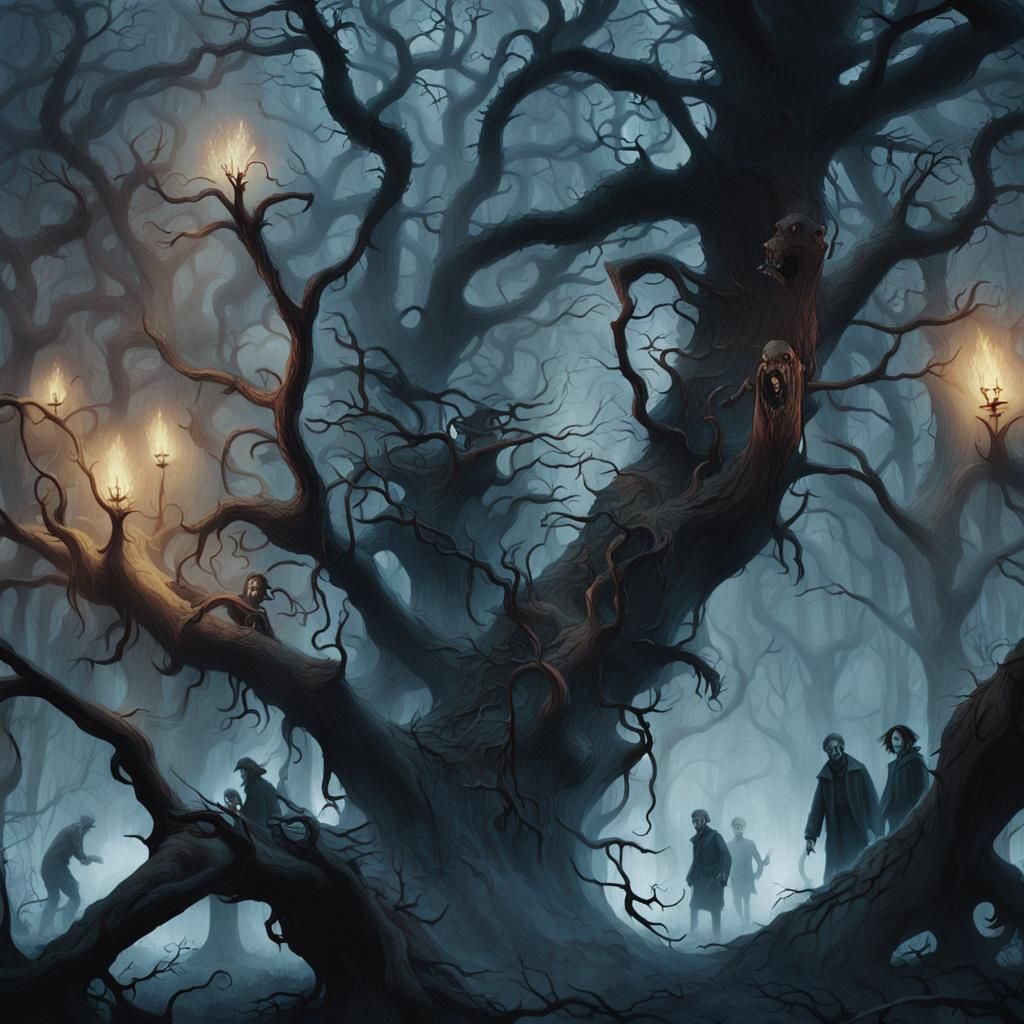 Ominous Hunt in Misty Forest, Dark Fantasy Art