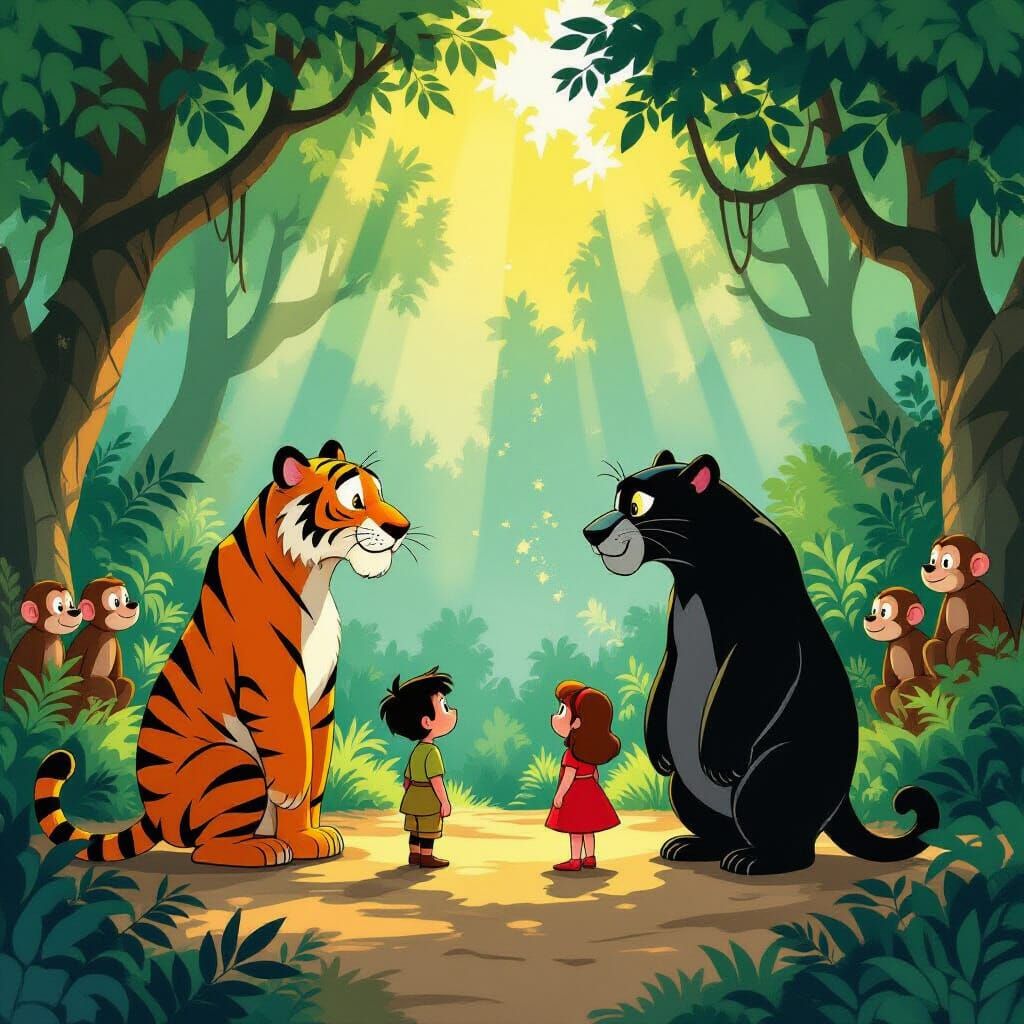 Jungle Characters Gather in Sunlit Clearing